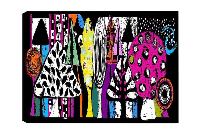 Lærred 70x100 cm - Farverige svampe og abstrakte former i en legende komposition, Lyserød / Sort / Grøn