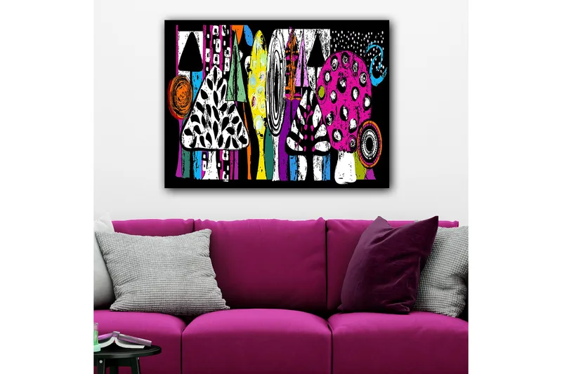 Lærred 70x100 cm - Farverige svampe og abstrakte former i en legende komposition - Lyserød / Sort / Grøn - Boligtilbehør - Billeder & kunst - Billeder på lærred