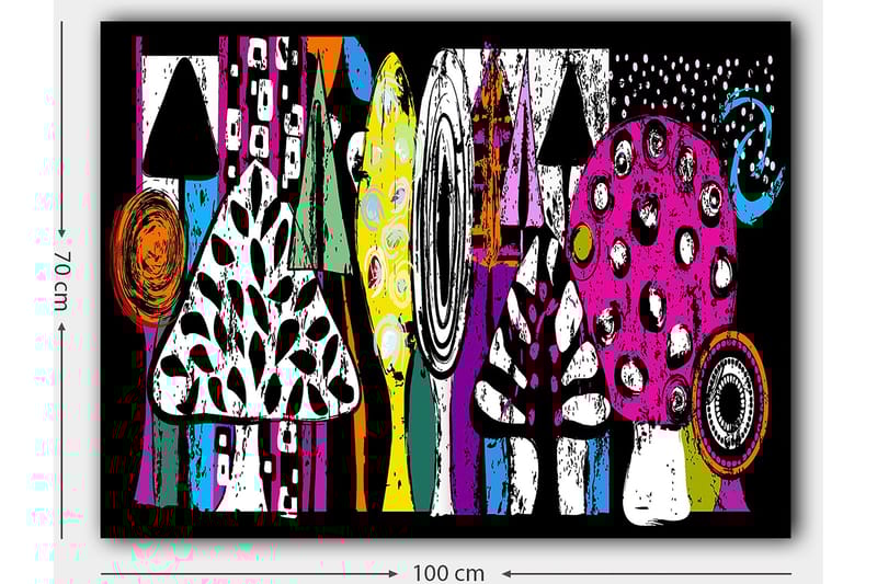 Lærred 70x100 cm - Farverige svampe og abstrakte former i en legende komposition - Lyserød / Sort / Grøn - Boligtilbehør - Billeder & kunst - Billeder på lærred