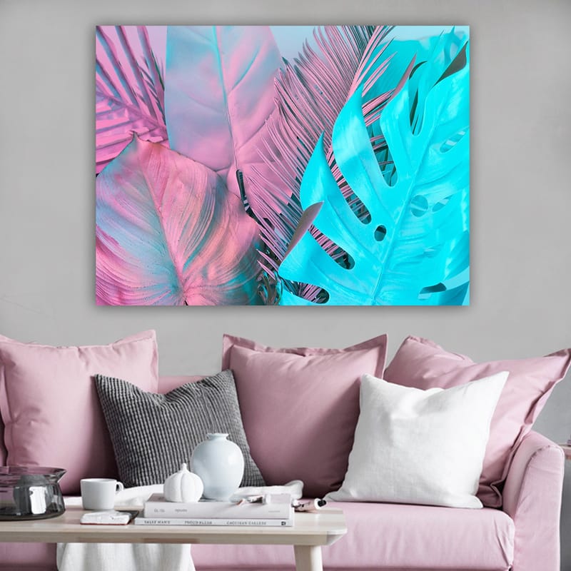Lærred 70x100 cm - Farverige tropiske blade i pastelfarver - Lyseblå / Pink - Boligtilbehør - Billeder & kunst - Billeder på lærred