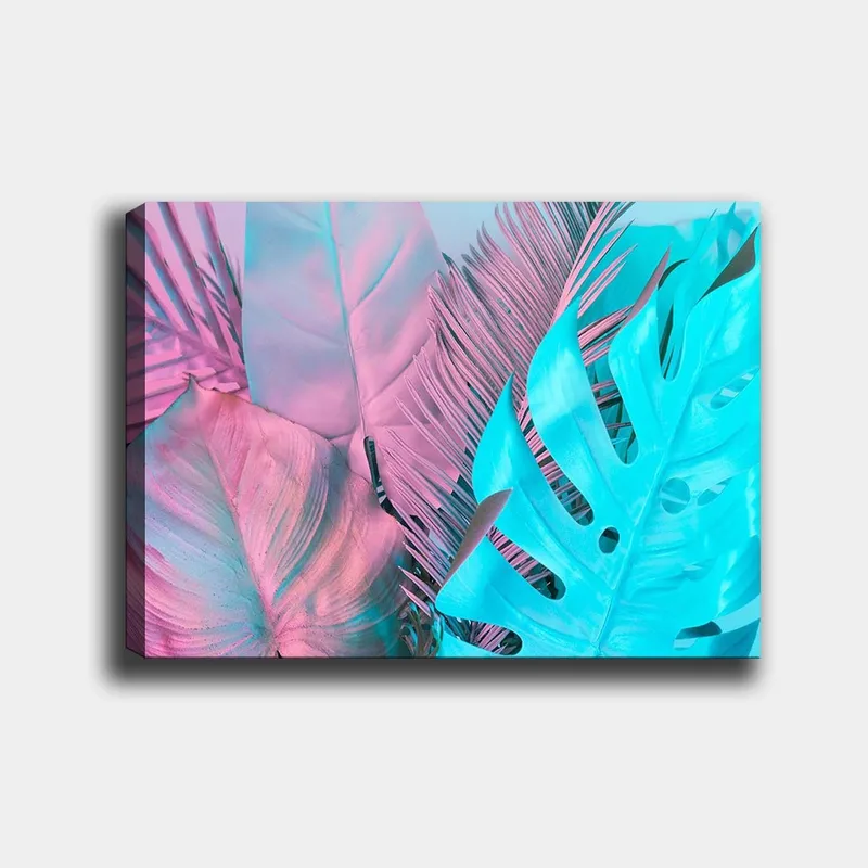 Lærred 70x100 cm - Farverige tropiske blade i pastelfarver, Lyseblå / Pink