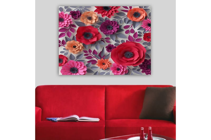 Lærred 70x100 cm - Farverige papirblomster i forskellige former og størrelser - Mørk pink / Lilla / Orange - Boligtilbehør - Billeder & kunst - Billeder på lærred