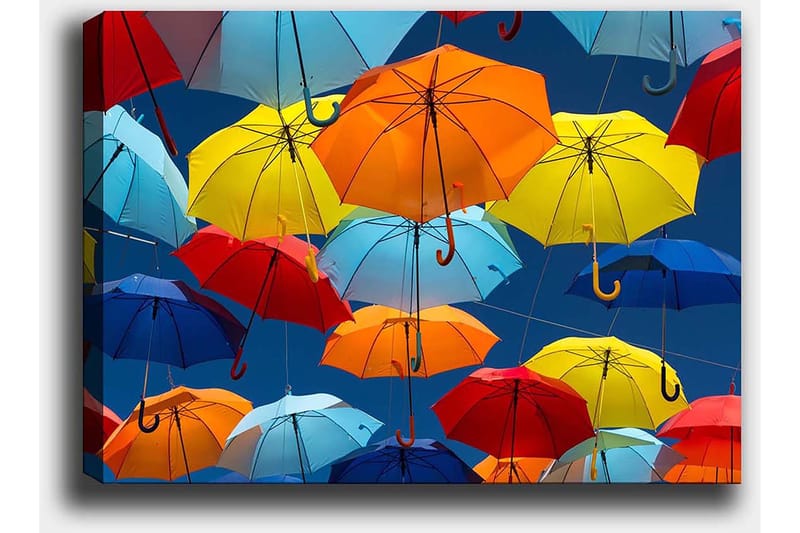 Lærred 70x100 cm - Farverige paraplyer svæver i luften - Rød / Blå / Gul - Boligtilbehør - Billeder & kunst - Billeder på lærred