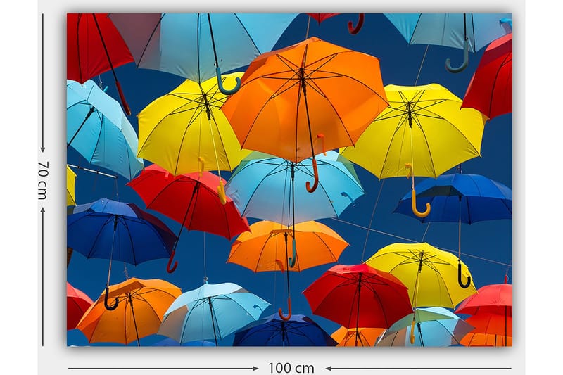 Lærred 70x100 cm - Farverige paraplyer svæver i luften - Rød / Blå / Gul - Boligtilbehør - Billeder & kunst - Billeder på lærred