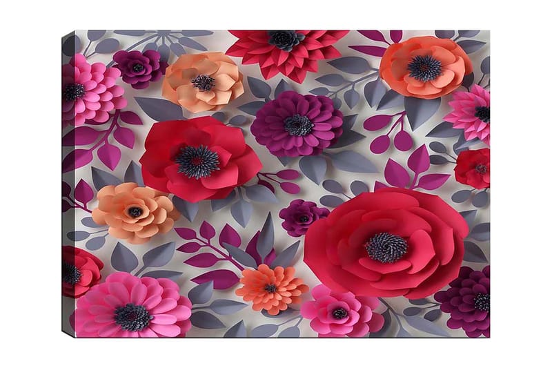 Lærred 70x100 cm - Farverige papirblomster i forskellige former og størrelser, Mørk pink / Lilla / Orange