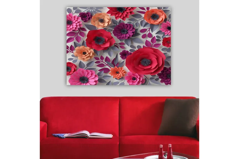 Lærred 70x100 cm - Farverige papirblomster i forskellige former og størrelser - Mørk pink / Lilla / Orange - Boligtilbehør - Billeder & kunst - Billeder på lærred