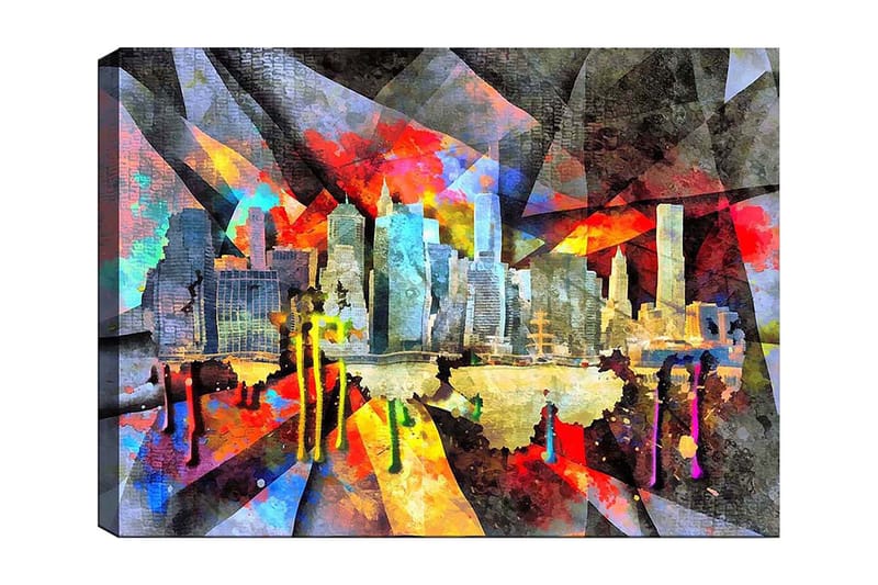 Lærred 70x100 cm - Farverigt bybillede, der indfanger en skyline med skyskrabere og refleksioner i vandet, Blå / Rød / Gul