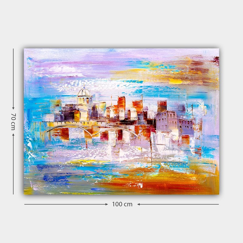 Lærred 70x100 cm - Farverigt bybillede med en bro, der spænder over et vandområde - Blå / Orange / Lilla - Boligtilbehør - Billeder & kunst - Billeder på lærred