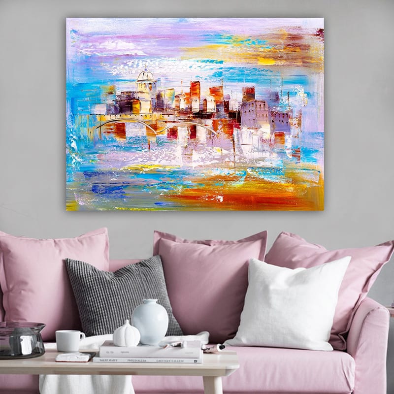 Lærred 70x100 cm - Farverigt bybillede med en bro, der spænder over et vandområde - Blå / Orange / Lilla - Boligtilbehør - Billeder & kunst - Billeder på lærred