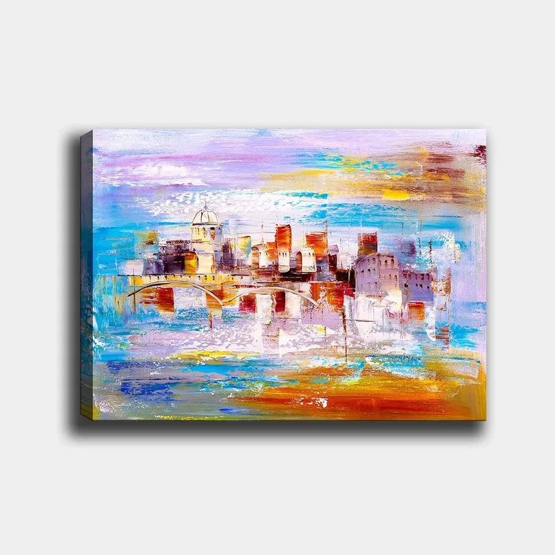 Lærred 70x100 cm - Farverigt bybillede med en bro, der spænder over et vandområde, Blå / Orange / Lilla