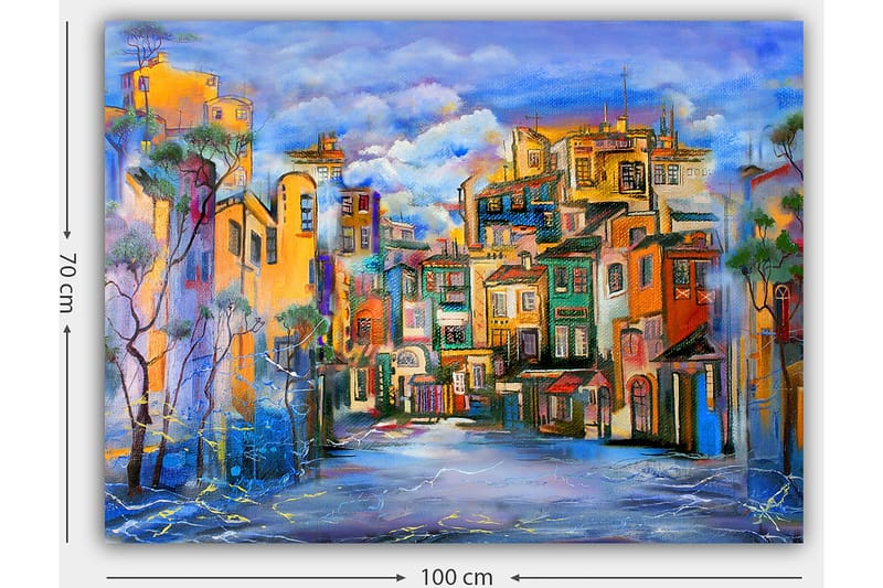Lærred 70x100 cm - Farverigt bybillede med huse i forskellige nuancer, der skaber en livlig atmosfære - Gul / Grøn / Blå - Boligtilbehør - Billeder & kunst - Billeder på lærred