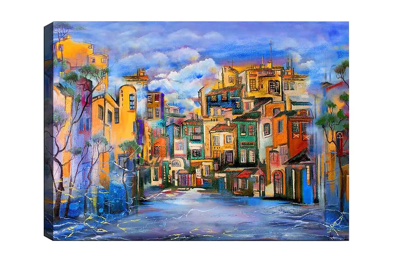 Lærred 70x100 cm - Farverigt bybillede med huse i forskellige nuancer, der skaber en livlig atmosfære, Gul / Grøn / Blå