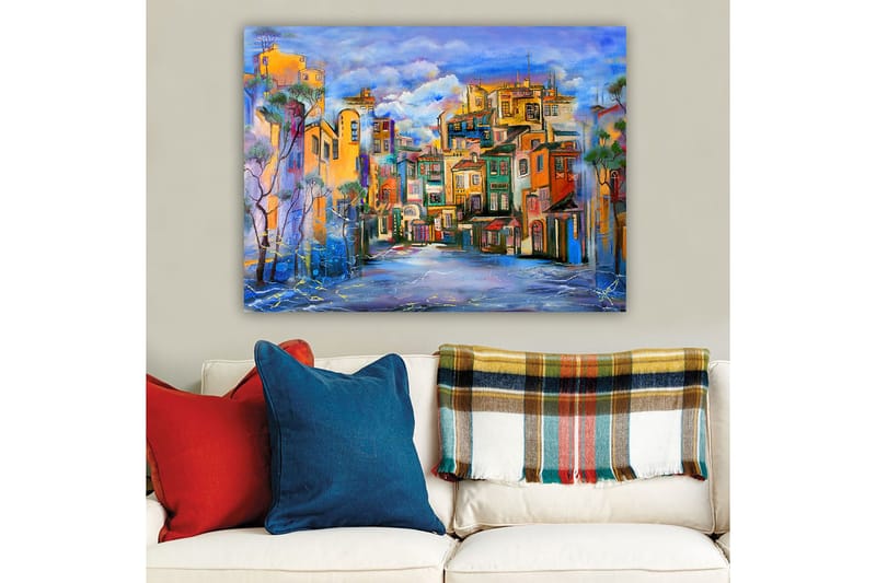 Lærred 70x100 cm - Farverigt bybillede med huse i forskellige nuancer, der skaber en livlig atmosfære - Gul / Grøn / Blå - Boligtilbehør - Billeder & kunst - Billeder på lærred