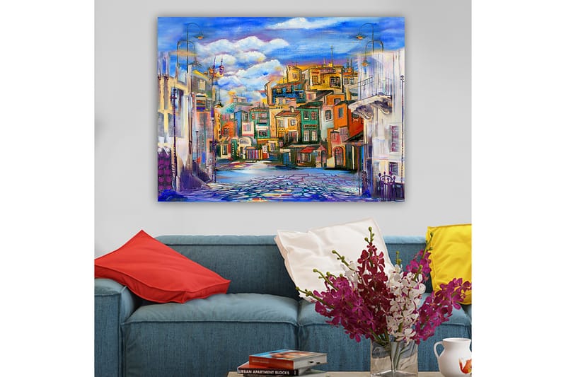 Lærred 70x100 cm - Farverigt bybillede med huse i forskellige nuancer og en klar himmel - Blå / Grøn / Orange - Boligtilbehør - Billeder & kunst - Billeder på lærred