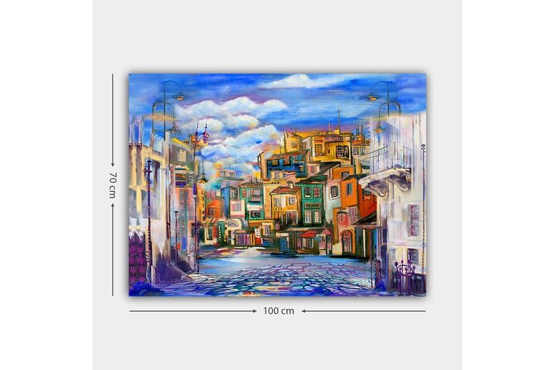 Lærred 70x100 cm - Farverigt bybillede med huse i forskellige nuancer og en klar himmel - Blå / Grøn / Orange - Boligtilbehør - Billeder & kunst - Billeder på lærred