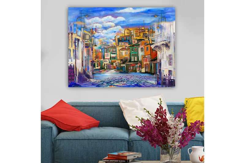 Lærred 70x100 cm - Farverigt bybillede med huse i forskellige nuancer og en klar himmel - Blå / Grøn / Orange - Boligtilbehør - Billeder & kunst - Billeder på lærred