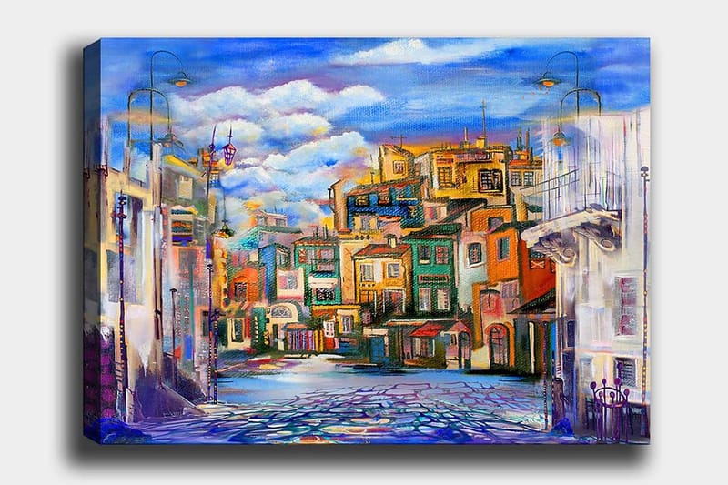 Lærred 70x100 cm - Farverigt bybillede med huse i forskellige nuancer og en klar himmel, Blå / Grøn / Orange