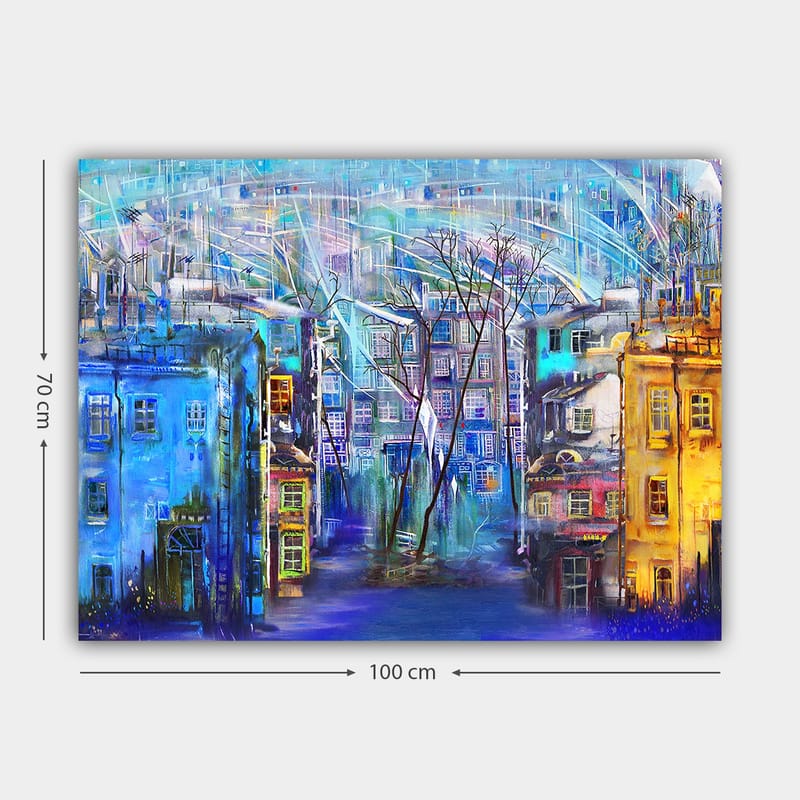 Lærred 70x100 cm - Farverigt bybillede med huse i forskellige nuancer og træer under en regnfuld himmel - Blå / Gul / Lilla - Boligtilbehør - Billeder & kunst - Billeder på lærred