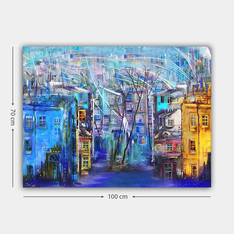 Lærred 70x100 cm - Farverigt bybillede med huse i forskellige nuancer og træer under en regnfuld himmel - Blå / Gul / Lilla - Boligtilbehør - Billeder & kunst - Billeder på lærred