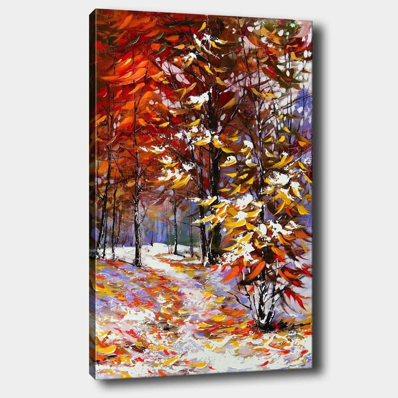Lærred 70x100 cm - Farverigt efterårsscene med træer i mættede nuancer af rød og gul, omgivet af sne, Rød / Gul / Hvid