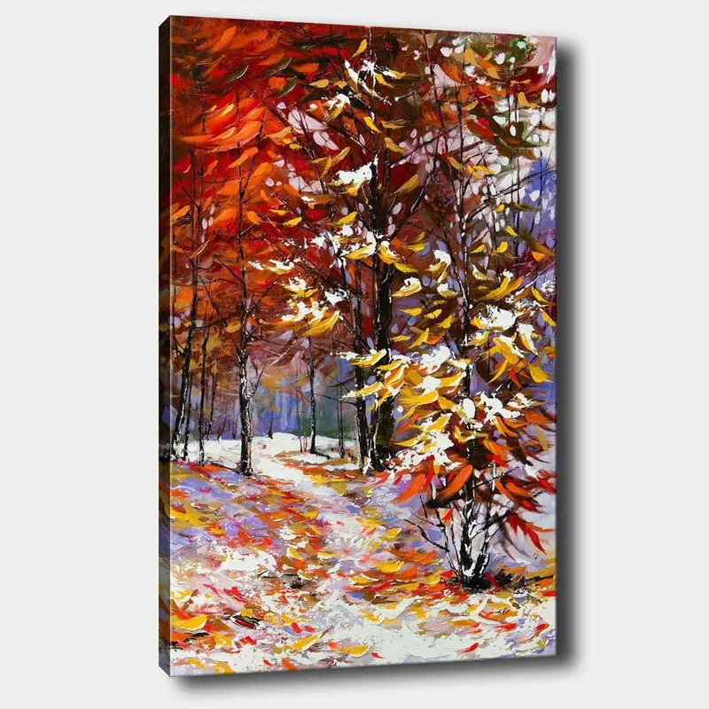 Lærred 70x100 cm - Farverigt efterårsscene med træer i mættede nuancer af rød og gul, omgivet af sne, Rød / Gul / Hvid