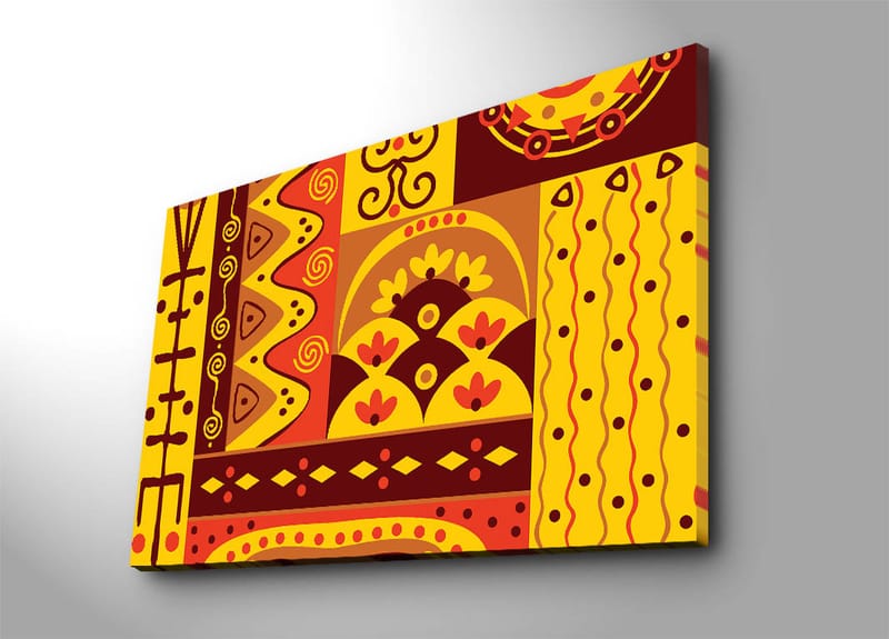 Lærred 70x100 cm - Farverigt geometrisk mønsterdesign med elementer af abstrakte former og symboler - Gul / Rød / Brun - Boligtilbehør - Billeder & kunst - Billeder på lærred
