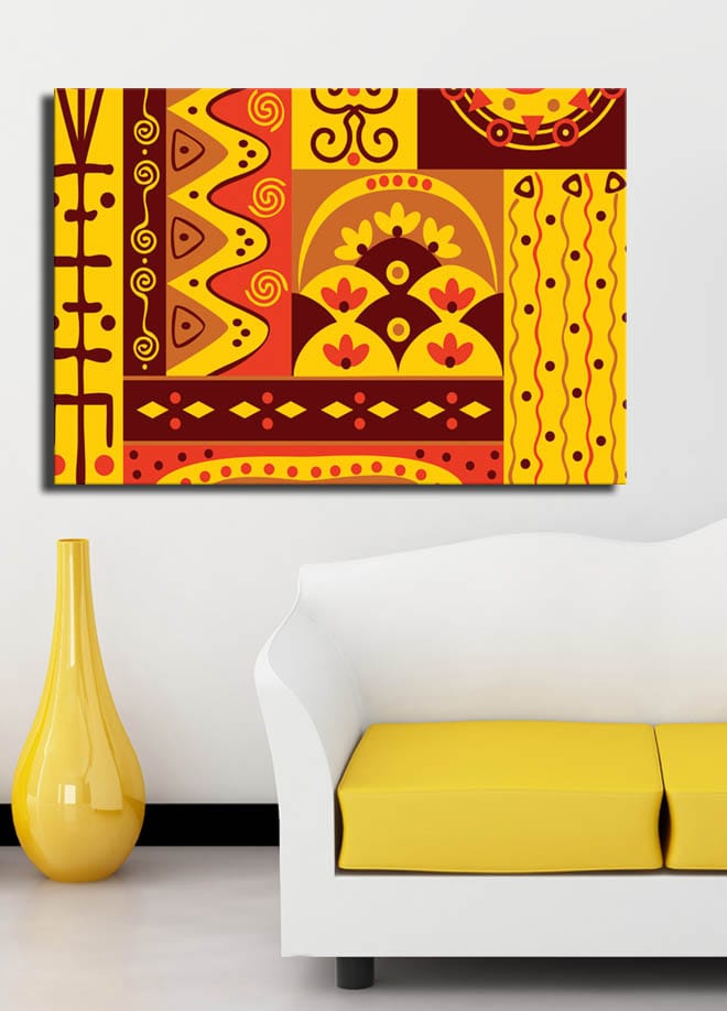 Lærred 70x100 cm - Farverigt geometrisk mønsterdesign med elementer af abstrakte former og symboler - Gul / Rød / Brun - Boligtilbehør - Billeder & kunst - Billeder på lærred