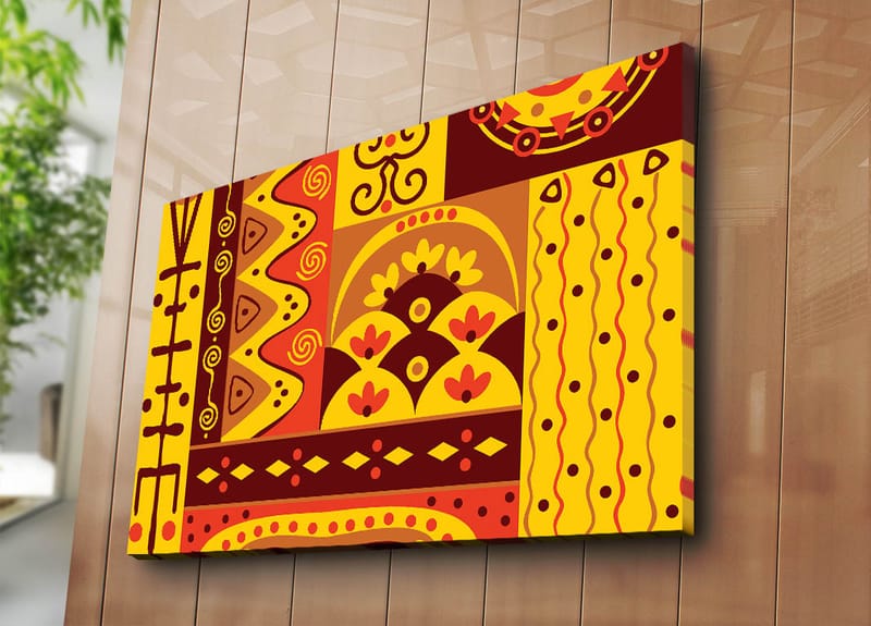 Lærred 70x100 cm - Farverigt geometrisk mønsterdesign med elementer af abstrakte former og symboler - Gul / Rød / Brun - Boligtilbehør - Billeder & kunst - Billeder på lærred