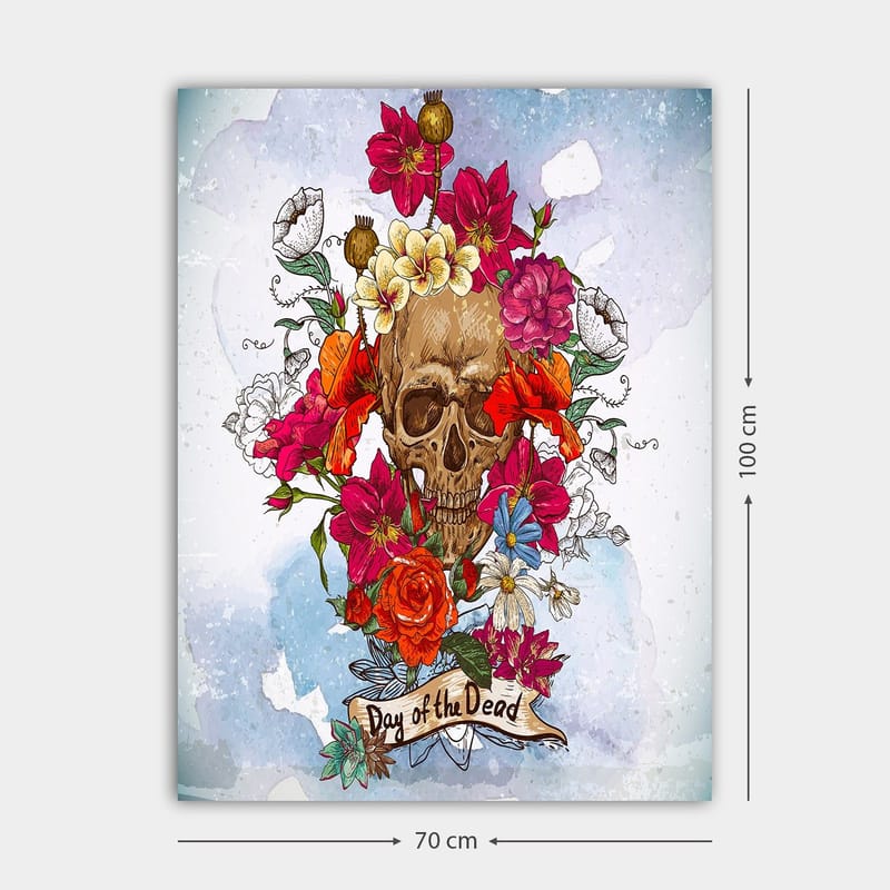 Lærred 70x100 cm - Farverigt kranium omgivet af blomster, der symboliserer Día de los Muertos - Rød / Lyserød / Gul - Boligtilbehør - Billeder & kunst - Billeder på lærred