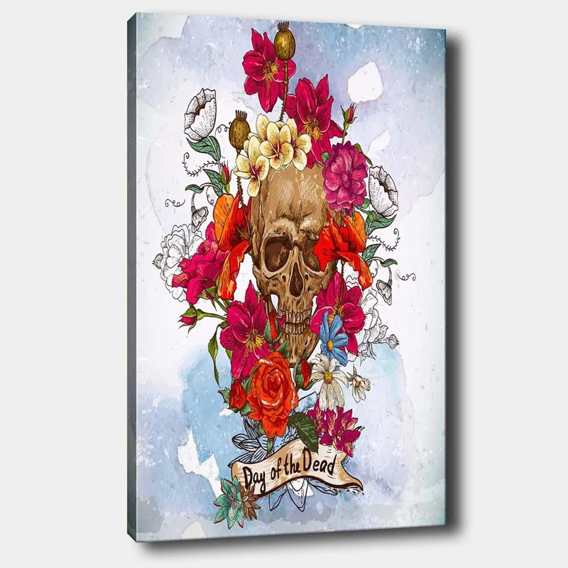 Lærred 70x100 cm - Farverigt kranium omgivet af blomster, der symboliserer Día de los Muertos, Rød / Lyserød / Gul