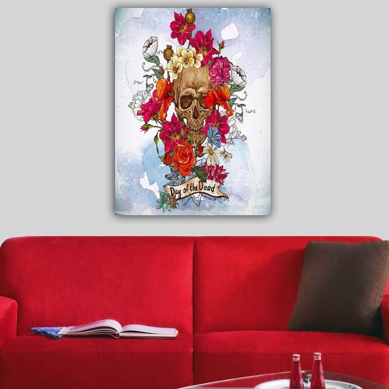 Lærred 70x100 cm - Farverigt kranium omgivet af blomster, der symboliserer Día de los Muertos - Rød / Lyserød / Gul - Boligtilbehør - Billeder & kunst - Billeder på lærred