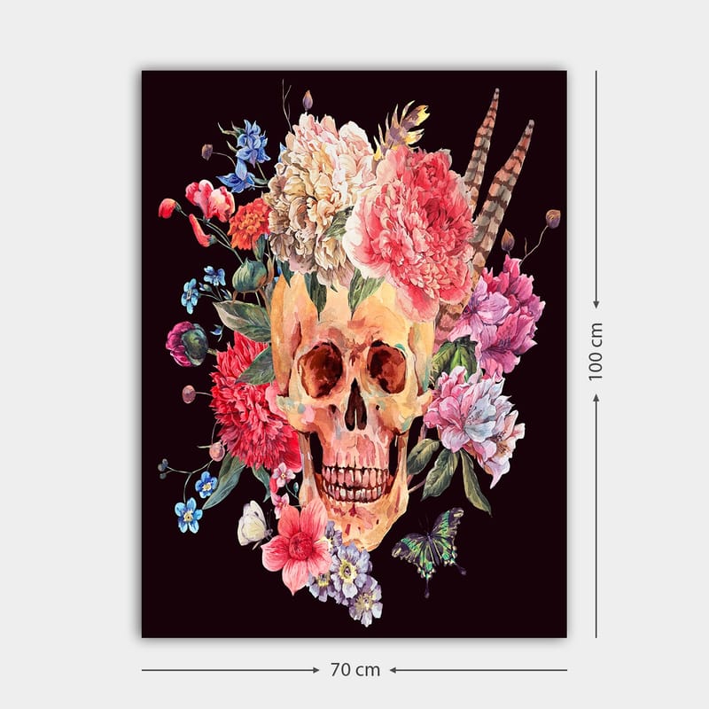Lærred 70x100 cm - Farverigt kranium omgivet af blomster - Lyserød / Gul / Grøn - Boligtilbehør - Billeder & kunst - Billeder på lærred