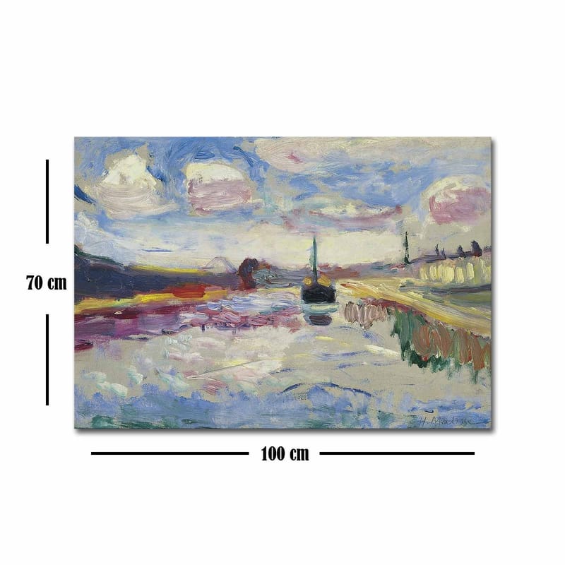 Lærred 70x100 cm - Farverigt landskabsmaleri med en båd, der glider hen over en spejlblank vandoverflade under en dramatisk himmel - Blå / Hvid / Grøn - Boligtilbehør - Billeder & kunst - Billeder på lærred