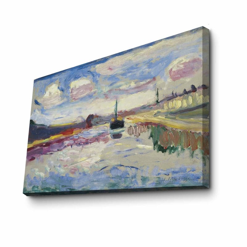 Lærred 70x100 cm - Farverigt landskabsmaleri med en båd, der glider hen over en spejlblank vandoverflade under en dramatisk himmel - Blå / Hvid / Grøn - Boligtilbehør - Billeder & kunst - Billeder på lærred