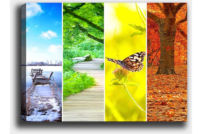 Lærred 70x100 cm - Farverigt maleri i fire dele, der viser forskellige årstider med naturmotiver - Blå / Grøn / Orange - Boligtilbehør - Billeder & kunst - Billeder på lærred