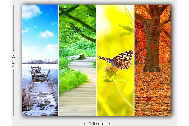 Lærred 70x100 cm - Farverigt maleri i fire dele, der viser forskellige årstider med naturmotiver - Blå / Grøn / Orange - Boligtilbehør - Billeder & kunst - Billeder på lærred