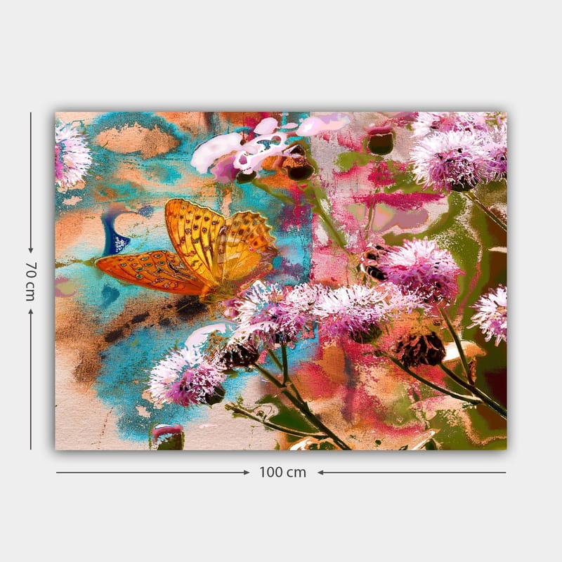 Lærred 70x100 cm - Farverigt maleri med en sommerfugl siddende på blomster i et levende naturmiljø - Orange / Pink / Grøn - Boligtilbehør - Billeder & kunst - Billeder på lærred