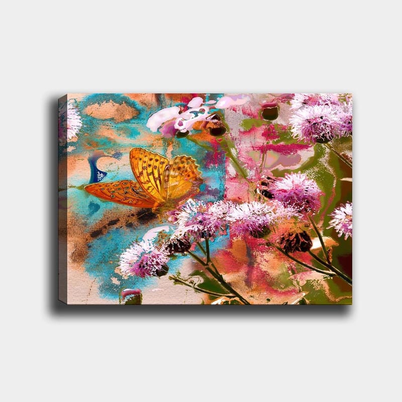 Lærred 70x100 cm - Farverigt maleri med en sommerfugl siddende på blomster i et levende naturmiljø - Orange / Pink / Grøn - Boligtilbehør - Billeder & kunst - Billeder på lærred