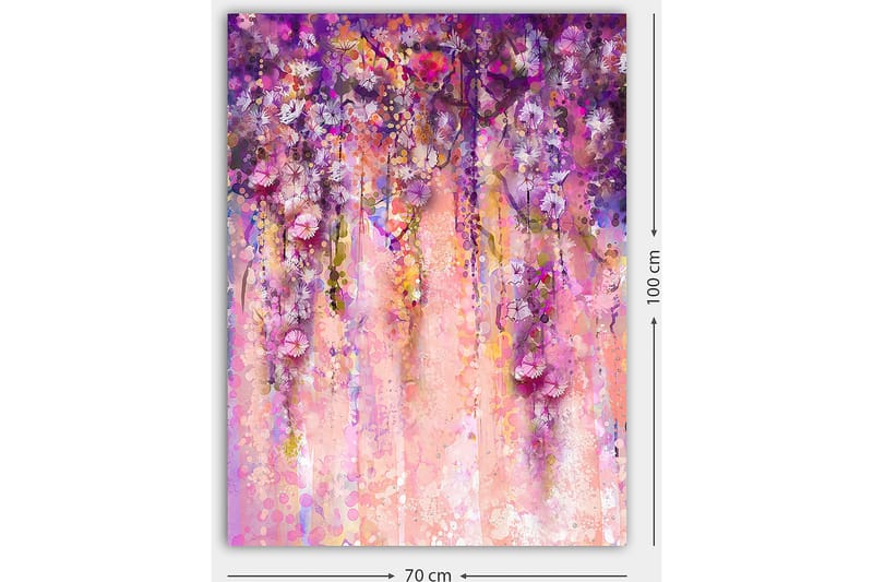 Lærred 70x100 cm - Farverigt og abstrakt maleri af hængende blomster i lilla og lyserøde nuancer - Lilla / Lyserød / Gul - Boligtilbehør - Billeder & kunst - Billeder på lærred