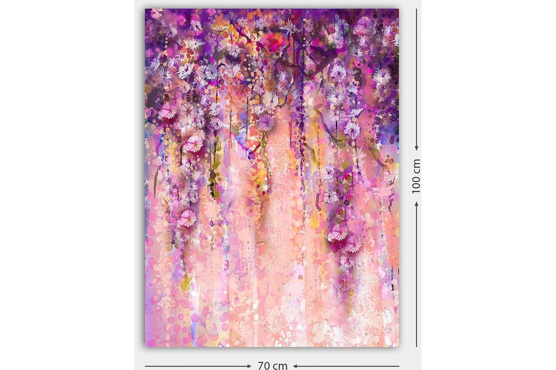 Lærred 70x100 cm - Farverigt og abstrakt maleri af hængende blomster i lilla og lyserøde nuancer - Lilla / Lyserød / Gul - Boligtilbehør - Billeder & kunst - Billeder på lærred