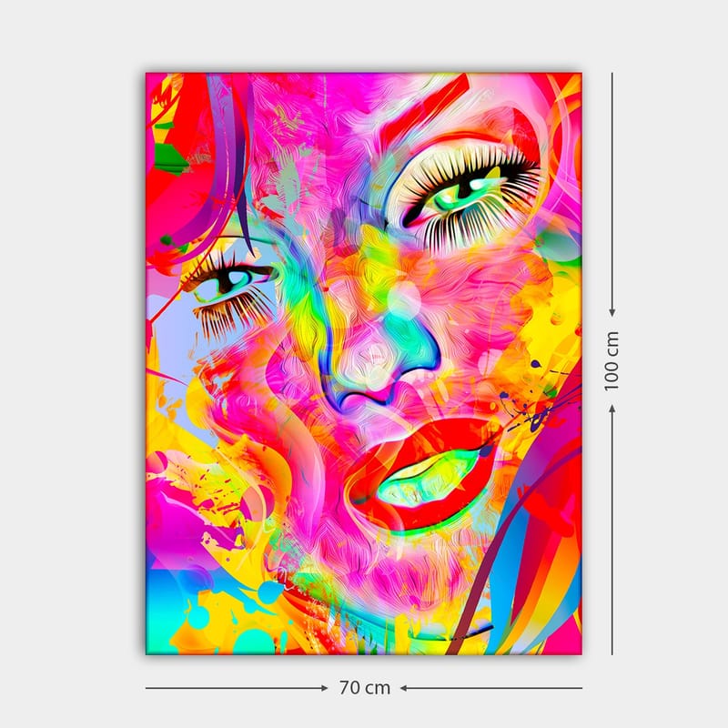 Lærred 70x100 cm - Farverigt og abstrakt portræt af en kvinde med udtryksfulde øjne og læber - Lyserød / Gul / Grøn - Boligtilbehør - Billeder & kunst - Billeder på lærred