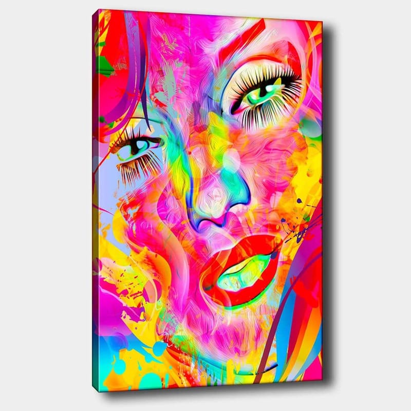 Lærred 70x100 cm - Farverigt og abstrakt portræt af en kvinde med udtryksfulde øjne og læber, Lyserød / Gul / Grøn