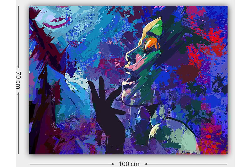 Lærred 70x100 cm - Farverigt og udtryksfuldt portrætmaleri af en kvinde, der gestikulerer med hånden op mod ansigtet - Blå / Grøn / Lilla - Boligtilbehør - Billeder & kunst - Billeder på lærred