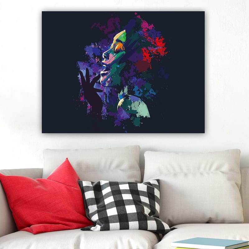 Lærred 70x100 cm - Farverigt og udtryksfuldt portræt af en kvinde, der synger med passion - Lilla / Grøn / Rød - Boligtilbehør - Billeder & kunst - Billeder på lærred