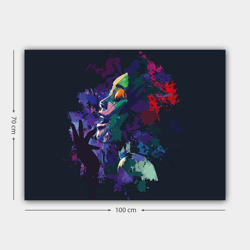 Lærred 70x100 cm - Farverigt og udtryksfuldt portræt af en kvinde, der synger med passion - Lilla / Grøn / Rød - Boligtilbehør - Billeder & kunst - Billeder på lærred