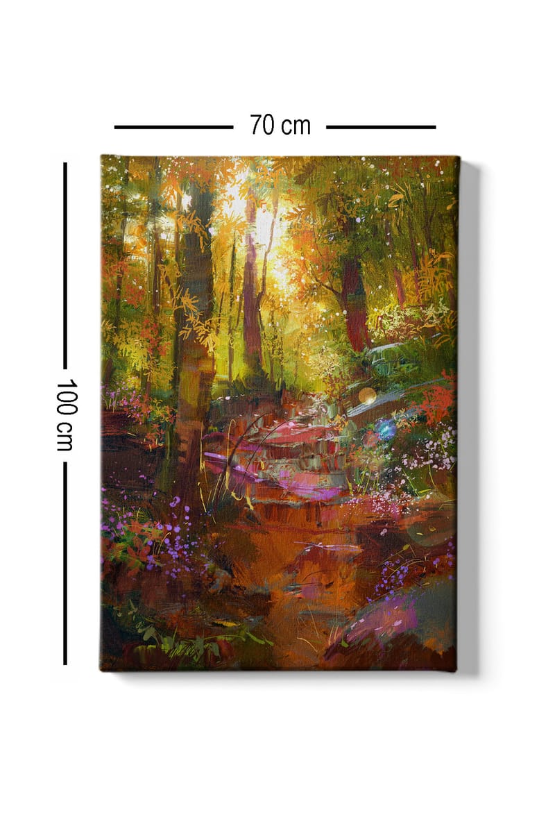 Lærred 70x100 cm - Farverigt skovscene med en snoet sti og blomster, der blomstrer i lyset - Grøn / Orange / Lilla - Boligtilbehør - Billeder & kunst - Billeder på lærred