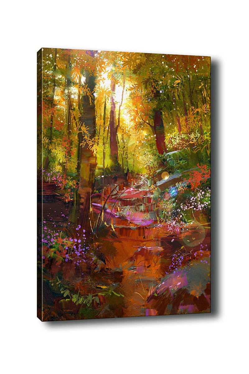Lærred 70x100 cm - Farverigt skovscene med en snoet sti og blomster, der blomstrer i lyset, Grøn / Orange / Lilla
