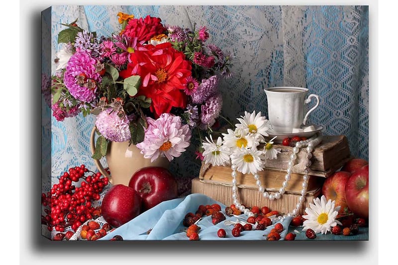 Lærred 70x100 cm - Farverigt stilleben med blomster, frugter og en kop på en stak bøger - Rød / Grøn / Lilla - Boligtilbehør - Billeder & kunst - Billeder på lærred