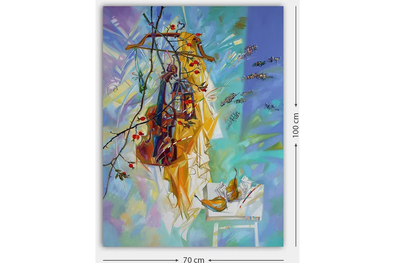 Lærred 70x100 cm - Farverigt stilleben med tøj hængende på en bøjle, omgivet af frugt og blomster - Gul / Blå / Grøn - Boligtilbehør - Billeder & kunst - Billeder på lærred