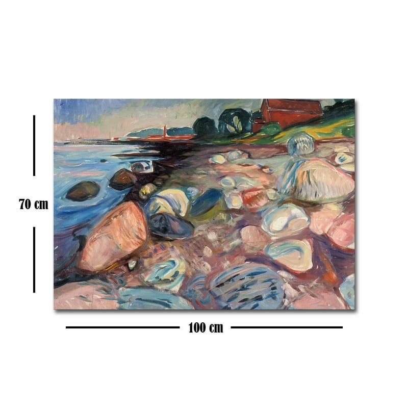 Lærred 70x100 cm - Farverigt strandscene med klipper og et rødt sommerhus i baggrunden - Blå / Lyserød / Grøn - Boligtilbehør - Billeder & kunst - Billeder på lærred